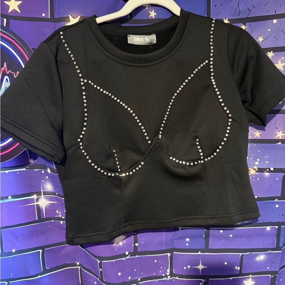 NWT Blue B Black rhinestone embellished Cropped Tee scuba feel- size Large
